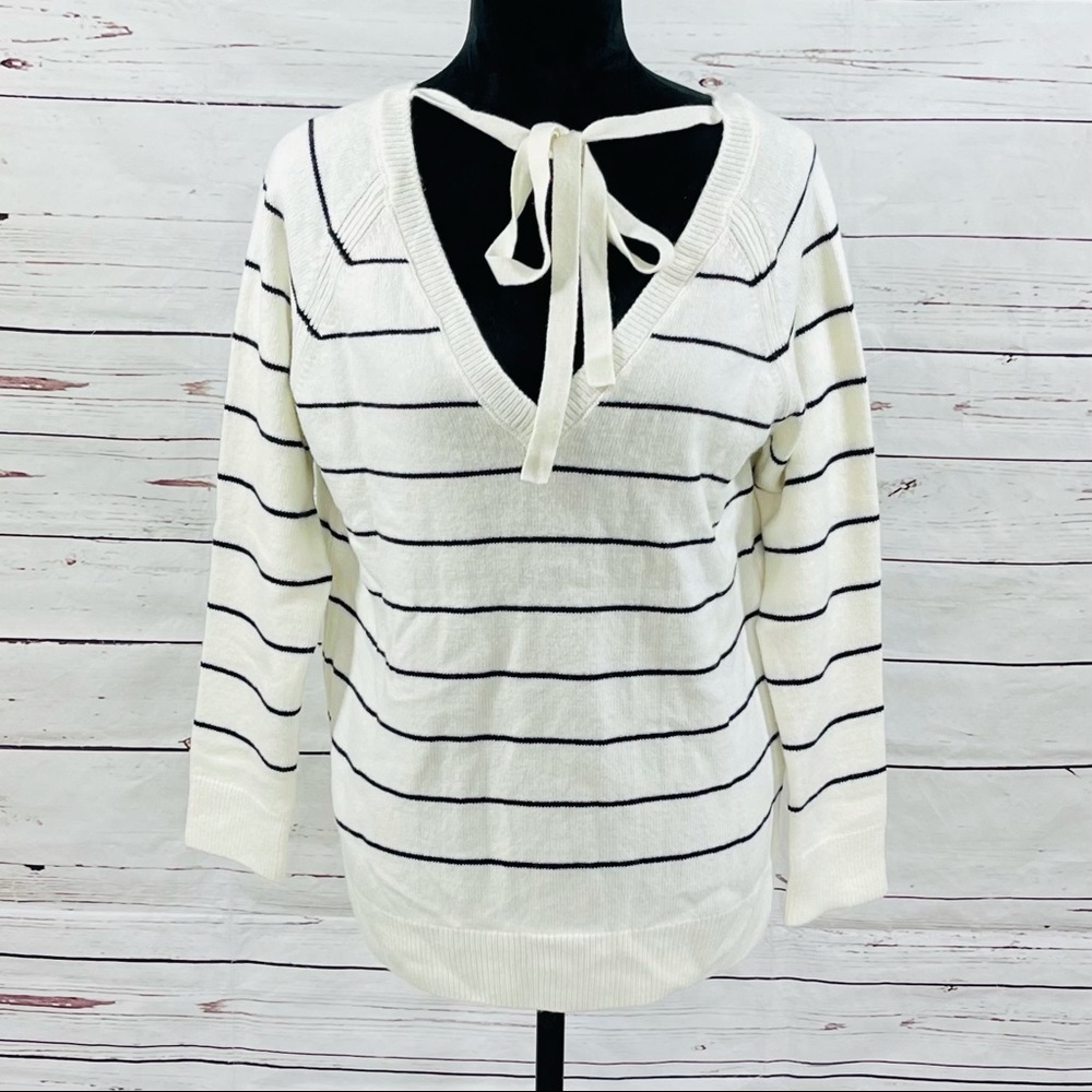 Massimo Dutti‎ womens V-Neck Sweater Wool Blend Black/White Striped Size L